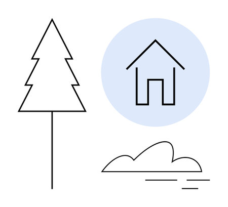 Simple line drawing of a tree, house outline, and a cloud over a shaded blue circle. Ideal for nature, minimal design, sustainability, environment, countryside simplicity abstract art. Cleanのイラスト素材