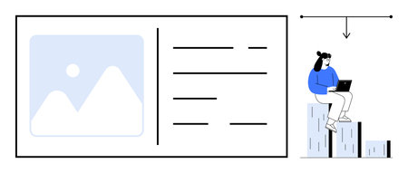 Woman working on laptop atop data graph bars near panel displaying image and text layout. Ideal for analytics, data visualization, business, communication, teamwork, content design, progressのイラスト素材