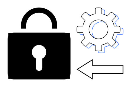 Padlock icon symbolizing security, gear representing settings or process management, and arrow indicating direction or progress. Ideal for cybersecurity, process management, technology, dataのイラスト素材