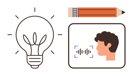 Lightbulb symbolizing creativity, a speech recognition interface, and a pencil for writing. Ideal for innovation, technology, communication, creativity, learning education brainstorming. Simpleのイラスト素材