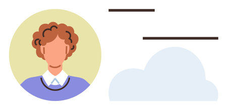 Portrait of person with curly hair in a circle, minimalist lines, cloud graphic. Ideal for networking, communication, technology, online identity, creativity collaboration abstract. A simple flatのイラスト素材