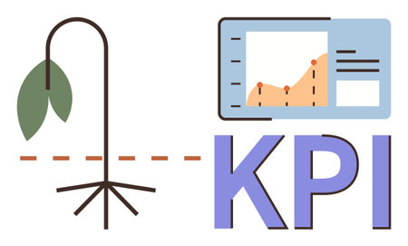 A wilting plant beside a KPI dashboard with falling trend lines. Ideal for performance, growth analysis, business challenges, goals, evaluation, project management, simple flat metaphorのイラスト素材