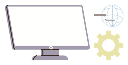 Blank computer screen with a globe representing the internet and a gear symbolizing tools and productivity. Ideal for technology, web development, global networking, creativity, innovation, ITのイラスト素材