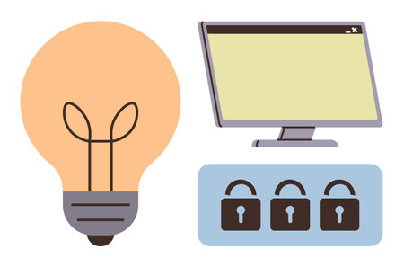 Lightbulb symbolizing ideas, computer screen for digital tools, and padlocks for security. Ideal for innovation, technology, cybersecurity, creativity, digital safety, data protection onlineのイラスト素材