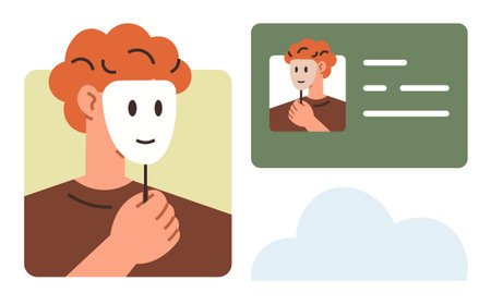 Person holding mask near face with profile card and abstract cloud. Ideal for identity, privacy, anonymity, online persona, cybersecurity, disguise, social media. Simple flat metaphorのイラスト素材