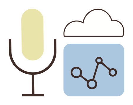 Microphone symbolizes audio recording, cloud denotes online storage, blue square with graph reflects data analysis. Ideal for technology, audio streaming, cloud computing, data visualizationのイラスト素材