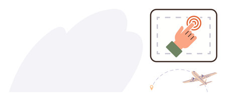 Hand pointing on a touchscreen interface near a map pin, airplane flying towards a destination. Ideal for travel booking, aviation, digital interaction, tourism, logistics, navigation, and planningのイラスト素材