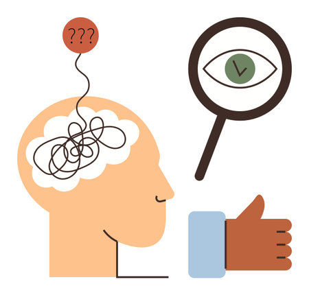 Brain with tangled lines and question marks, magnifying glass focusing on an eye, and a thumbs-up symbol. Ideal for decision-making, solutions, critical thinking, analytics, knowledge, explorationのイラスト素材