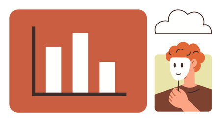Bar graph and person holding mask under cloud. Ideal for analytics, identity, data, self-awareness, truth, decision-making, motivation. A simple flat metaphorのイラスト素材
