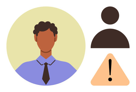 Profile of a person in a suit beside a generic user icon and warning triangle. Ideal for user profile, identity, alert, error, caution, attention, safety communication. A simple flat metaphorのイラスト素材