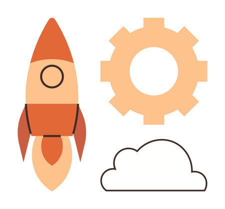 Rocket pointing upward, large gear, and cloud convey innovation, startup growth, technology, and new opportunities. Ideal for business, progress, launch success technology creativity teamworkのイラスト素材