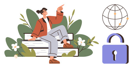Woman seated on books surrounded by leaves pointing up, symbolizing learning. Globe with points and padlock suggest global security and knowledge protection. Ideal for education, security, learningのイラスト素材