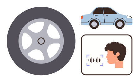 Car wheel, blue sedan, and face with sound waves emphasize connectivity, AI, and transportation. Ideal for technology, innovation, automation, mobility vehicle safety AI applications and smartのイラスト素材
