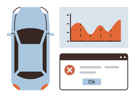 Overhead view of a car, line graph showing analysis trends, and error message popup. Ideal for automotive technology, telematics, data analysis, diagnostics, problem-solving, notifications simpleのイラスト素材