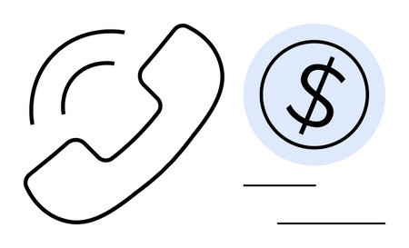 Line drawing of a ringing phone beside a dollar coin, symbolizing financial services, negotiation, client communication, and customer support. Ideal for finance, business, transactions, consultingのイラスト素材