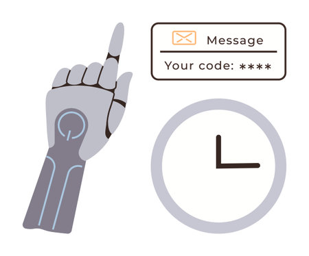 Robotic hand gestures toward screen displaying a security code. Clock indicates time sensitivity. Ideal for technology, security, AI, biometrics, password management, automation futuristic themes. Aのイラスト素材