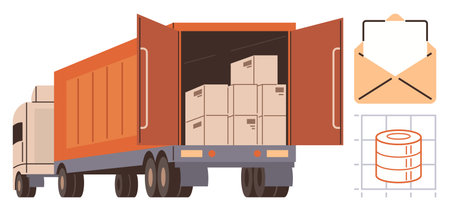 Freight truck unloading cardboard boxes, emphasizing package delivery, an envelope symbolizing communication, and grid-lined data storage. Ideal for logistics, shipping, e-commerce, supply chainのイラスト素材