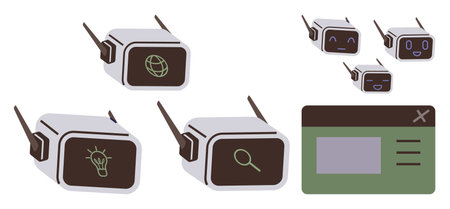 Small rectangular robot devices featuring internet, idea, and search icons, alongside smiling facial...