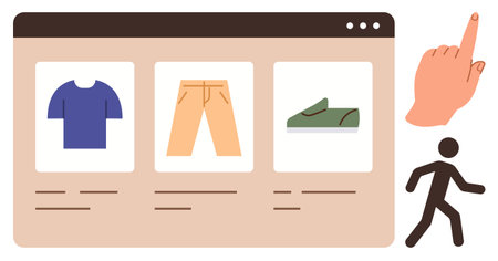 Digital storefront displaying T-shirt, pants, and shoes with clicking hand and walking figure. Ideal...