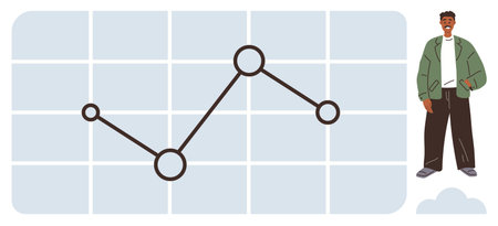 Data graph with nodes and lines against a grid, accompanied by a smiling man standing nearby. Ideal for analytics, growth, business, education, teamwork, forecasting leadership. Simple flat metaphorのイラスト素材
