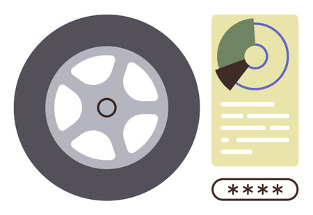 Car wheel paired with a chart and data login interface, highlighting performance, mechanics, and analytics. Ideal for technology, automotive, analysis, security, innovation engineering and designのイラスト素材