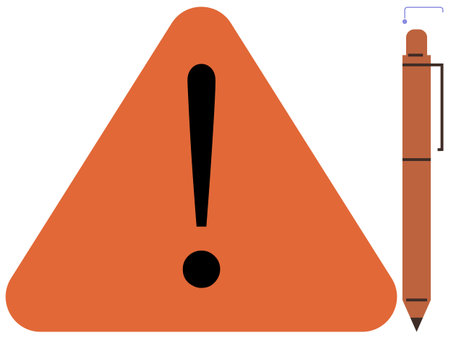 Orange triangle with bold exclamation mark and brown pen for comparison. Ideal for caution, safety, attention, alertness, danger, warnings, simple flat metaphorのイラスト素材