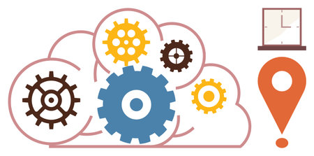 Gears inside a cloud symbolize system automation. Clock signifies time management, pin indicates location. Ideal for technology, innovation, process, automation, efficiency, productivity abstractのイラスト素材