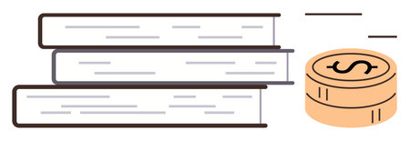 Stack of books beside coins symbolizing education, financial investment, or success through knowledge. Ideal for learning, finance, business, scholarship, investment, wealth and self-developmentのイラスト素材