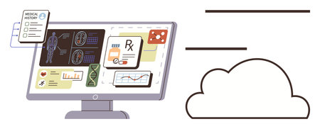 Computer monitor displaying medical records, charts, and prescriptions alongside cloud connection. Ideal for healthcare, data storage, telemedicine, diagnostics, medical research, AI in healthcareのイラスト素材