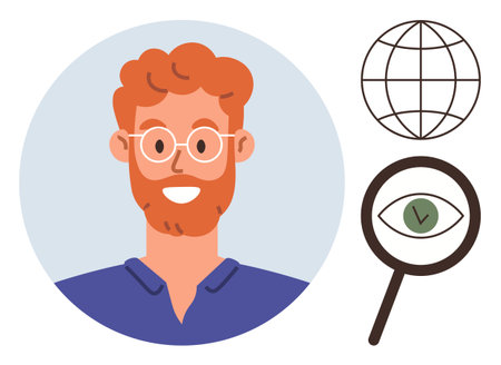 Professional man portrait, globe outline symbolizing global reach, magnifying glass with eye representing analysis. Ideal for networking, globalization, research, education, teamwork, brandingのイラスト素材