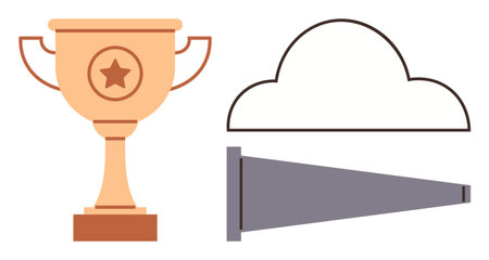 Trophy symbolizes achievement, cloud for creativity or connection, megaphone for communication. Ideal for success, motivation, leadership, teamwork, creativity networking promotion. Simple flatのイラスト素材