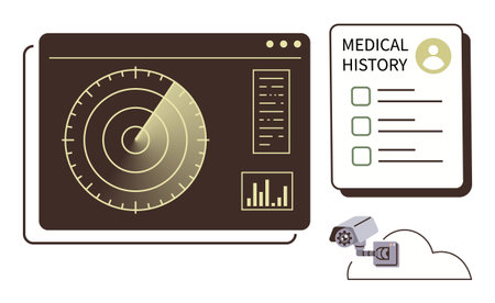Radar screen with scanning system, digital medical record form, and surveillance cameras. Ideal for security, technology, healthcare data, monitoring, data privacy, digital security simple flatのイラスト素材