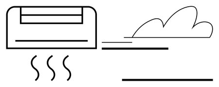 Air conditioner releasing cool airflow, symbolized by wavy lines and a cloud. Ideal for comfort, home, climate, energy efficiency, environment, summer temperature control. Simple flat metaphorのイラスト素材