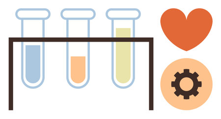 Three test tubes on a stand with liquid of varying colors, alongside a heart shape and a gear. Ideal for chemistry, science, innovation, technology, medical research, health love for STEM. Simpleのイラスト素材