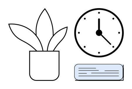 Potted plant, round wall clock, and open book emphasizing time management, organization, and work-life balance. Ideal for productivity, office decor, minimalism, nature learning simplicityのイラスト素材