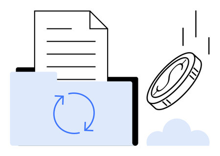 Document, folder with sync icon, falling coin, and cloud. Ideal for finance, workflow, technology, cryptocurrency data transfer cloud storage and economic concepts. Simple flat metaphorのイラスト素材