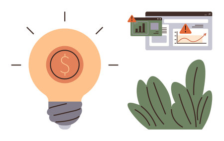 Lightbulb with dollar sign, warning signs on data analytics charts, and green plants. Ideal for finance, investment, analytics, innovation, problem-solving sustainability creativity. Simple flatのイラスト素材