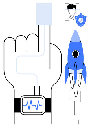 Finger pointing at fingerprint scanner, smartwatch with heartbeat display, face recognition, shield, and rocket launch. Ideal for innovation, biometrics, technology, security progress startupsのイラスト素材