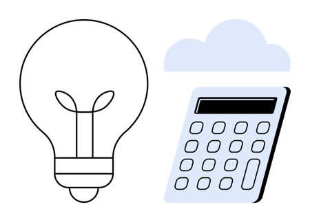 Lightbulb representing ideas, calculator for financial or technological analysis, and cloud for innovation. Ideal for creativity, problem-solving, technology, education, finance, analyticsのイラスト素材