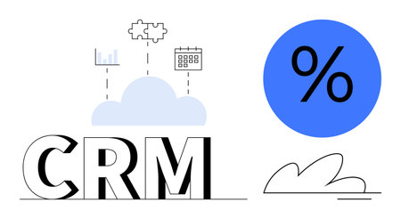 CRM text with cloud, bar graph, puzzle piece, calendar, and percentage icon representing customer management, analytics, and planning. Ideal for business, marketing sales efficiency teamworkのイラスト素材