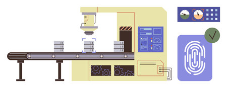 Industrial conveyor belt with robotic assembly machine, control panel, and fingerprint...