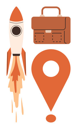 Rocket lifting off for progress, oversized location pin for navigation, and briefcase for professional success. Ideal for innovation, entrepreneurship, strategy, teamwork, goal setting, career pathのイラスト素材