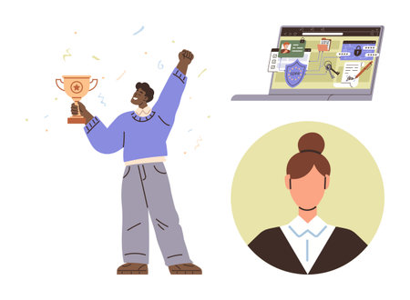 Person celebrating with trophy, laptop showing badges and progress, and profile portrait. Ideal for success, recognition, goal setting, e-learning, motivation competition teamwork. Simple flatのイラスト素材