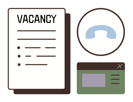 Job vacancy document with a phone receiver icon and browser window communicating online job opportunities. Ideal for recruitment, job boards, applications, business, HR, career searches, simpleのイラスト素材