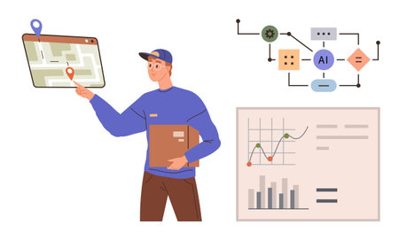 Delivery worker interacting with map, parcel in hand, next to AI-driven workflow chart and analytics graph. Ideal for logistics, AI, navigation, data integration, planning, delivery simple flatのイラスト素材