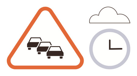 Triangle sign with cars inside alerts traffic congestion, cloud indicates weather, clock emphasizes time sensitivity. Ideal for driving, warning, time efficiency, road safety, commuting, planningのイラスト素材