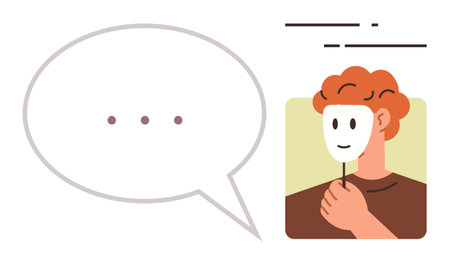 Person with a mask covering their face next to a speech bubble, suggesting deception, anonymity, secret emotions, hidden identity, self-presentation, expression, and personal truth. Idealのイラスト素材