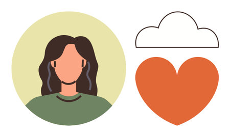 Female avatar inside circle with flowing hair, alongside orange heart and outlined cloud. Ideal for mental health, empathy, love, human connection, mindfulness, emotions relationships. Simple flatのイラスト素材