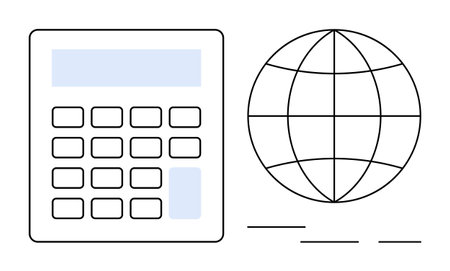 Calculator with detailed buttons placed beside a wireframe globe, suggesting international finance, global commerce, data analysis, economic strategy, accounting, education, and online tools. Simpleのイラスト素材