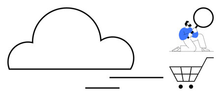 Large cloud shape with user holding magnifying glass and cart icon. Ideal for technology, e-commerce, data storage, cloud solutions, online business, innovation, research. Simple flat metaphorのイラスト素材